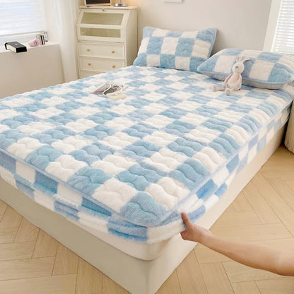 Arctic Velvet Mattress Cover Pad Checkerboard Series Soybean Antibacterial Cotton Fitted Sheet Double Bed Dust Mite Queen Size