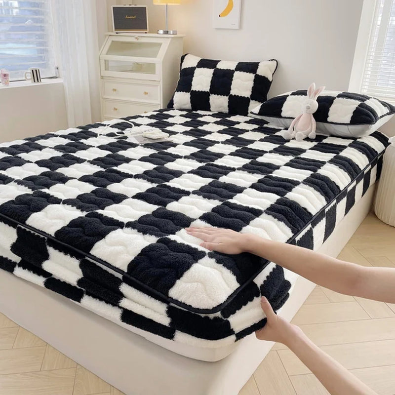 Arctic Velvet Mattress Cover Pad Checkerboard Series Soybean Antibacterial Cotton Fitted Sheet Double Bed Dust Mite Queen Size