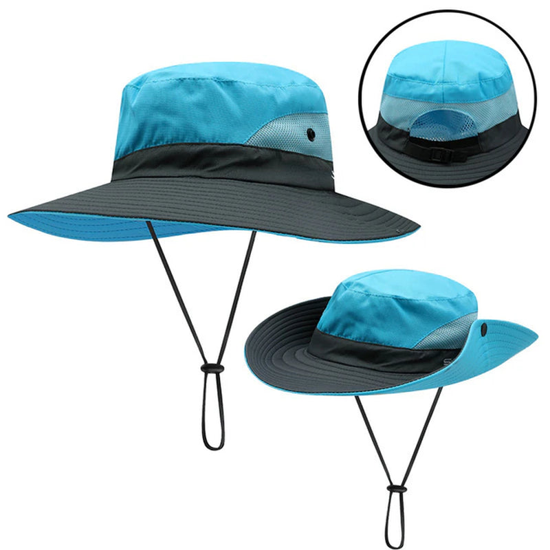 Kids Girls Ponytail Summer Sun Hat Wide Brim UV Protection Bucket Cap Women Outdoor Wide Brim Foldable Safari Fishing Cap