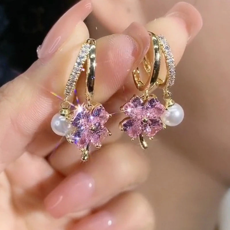 New Trendy Earrings Elegant Imitation Pearl Pink Earrings for Women Crystal Exquisite Ear Buckle Earring Everyday Jewelry