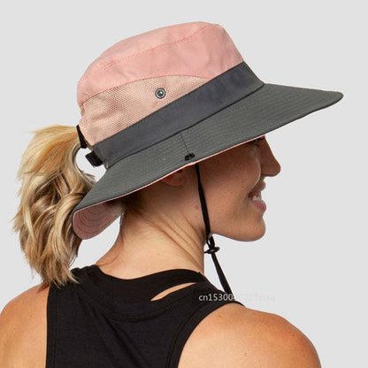 Kids Girls Ponytail Summer Sun Hat Wide Brim UV Protection Bucket Cap Women Outdoor Wide Brim Foldable Safari Fishing Cap