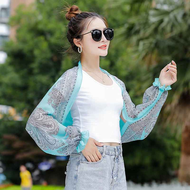 Spring Summer Women Short Cape Chiffon Cardigan Long Sleeve Tops Sun Protection Shawl Outdoor Driving Clothing Thin Oversleeves