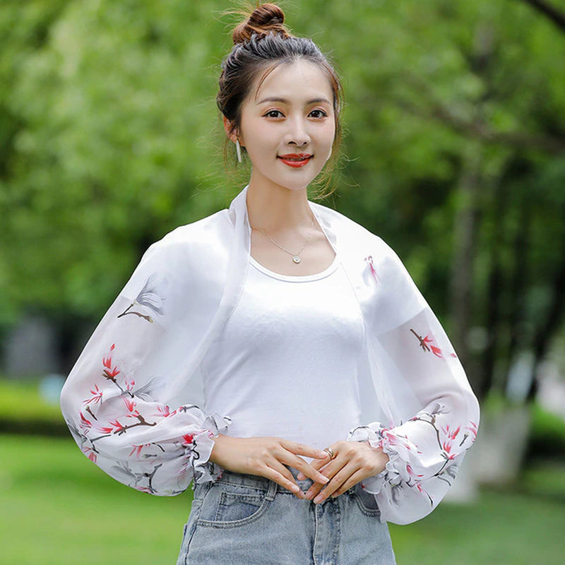 Spring Summer Women Short Cape Chiffon Cardigan Long Sleeve Tops Sun Protection Shawl Outdoor Driving Clothing Thin Oversleeves