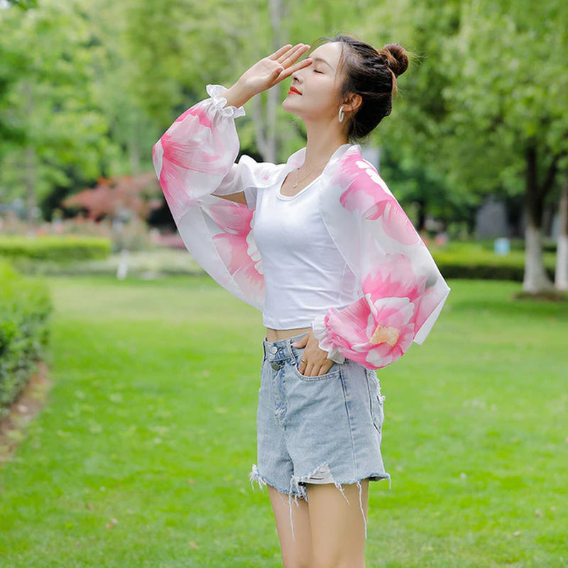 Spring Summer Women Short Cape Chiffon Cardigan Long Sleeve Tops Sun Protection Shawl Outdoor Driving Clothing Thin Oversleeves