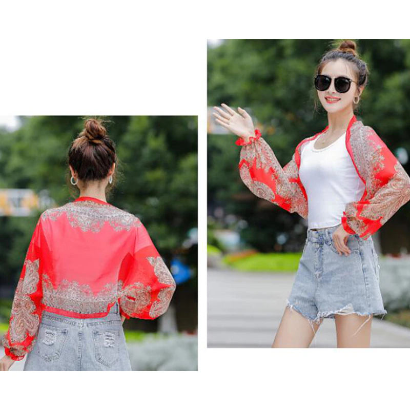 Spring Summer Women Short Cape Chiffon Cardigan Long Sleeve Tops Sun Protection Shawl Outdoor Driving Clothing Thin Oversleeves